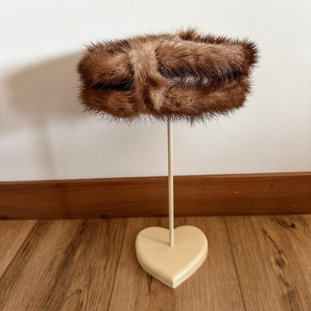 VTG 50's Women's‎ Mink Fur Net Hat Fascinator Hair Piece Brown Winter - Picture 2 of 7